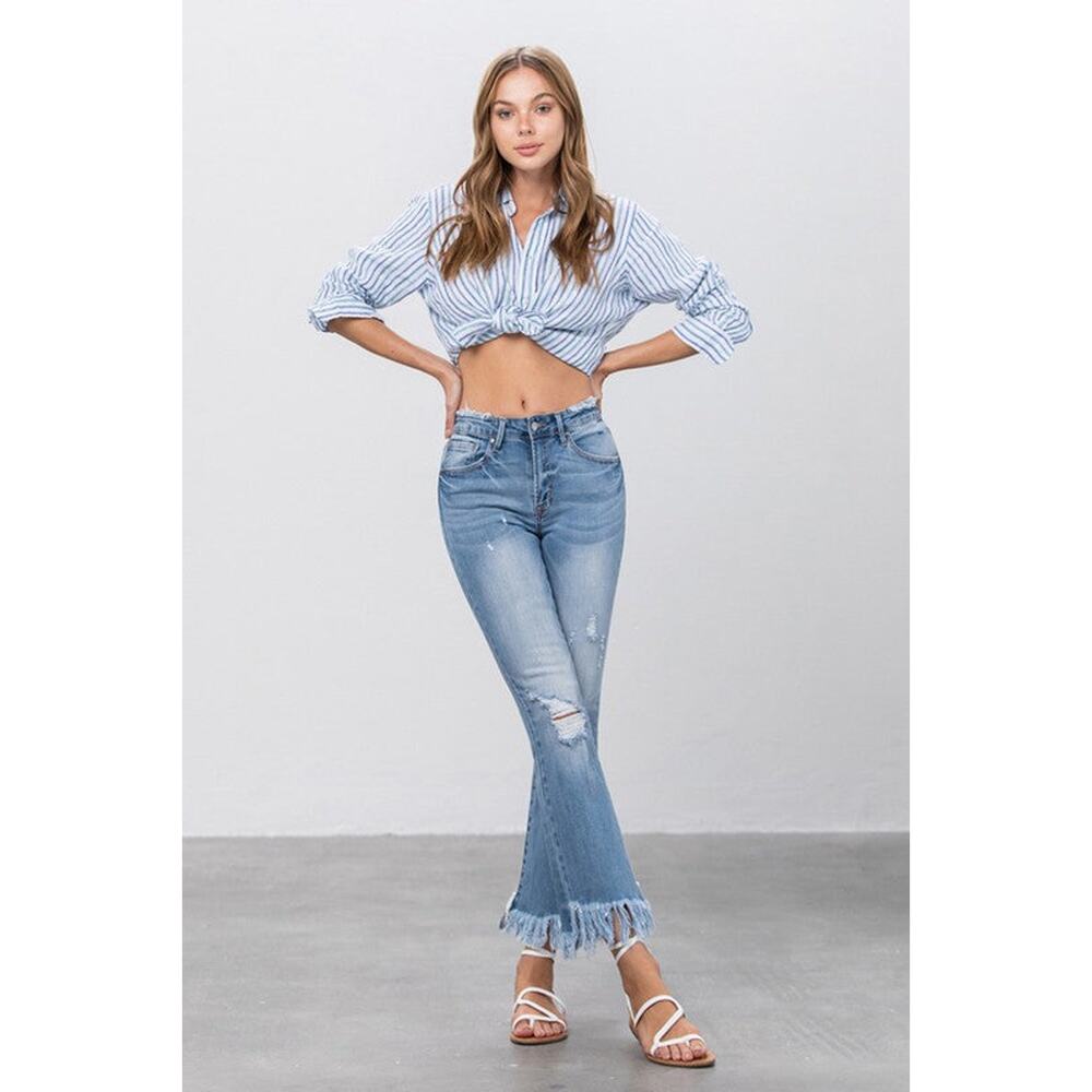 Insane Gene Mid Rise Long Bottom Frayed Crop Flare Jeans - INI90R - Size 5/26 - Picture 3 of 13